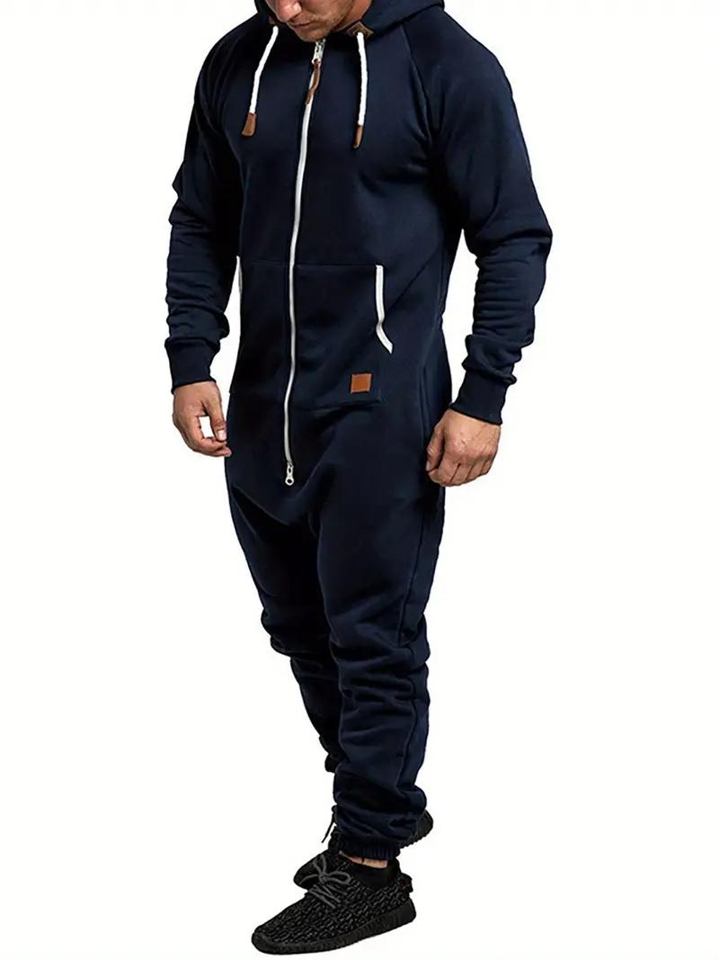 Mens Fleece Lined Hooded Jumpsuit Full Zip Up One Piece Pajamas Onesie Overalls Rompers Playsuit Jogging Sweatsuits