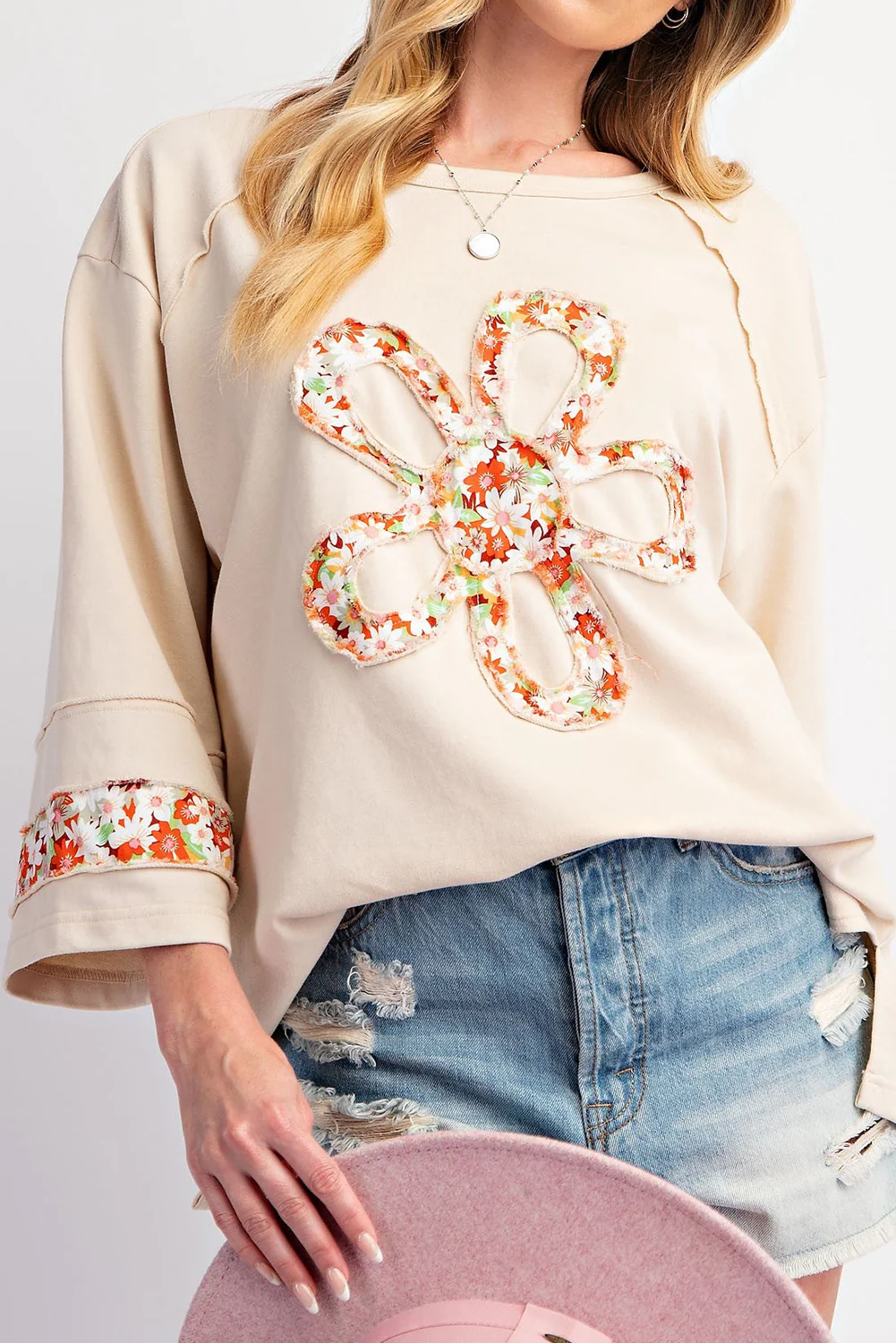 Jet Stream Floral Peace Sign Graphic Drop Shoulder Wide Sleeve Casual Top