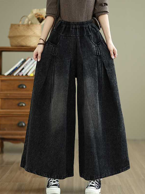 Elasticity Pleated Pockets High Waisted Loose Jean Pants Bottoms