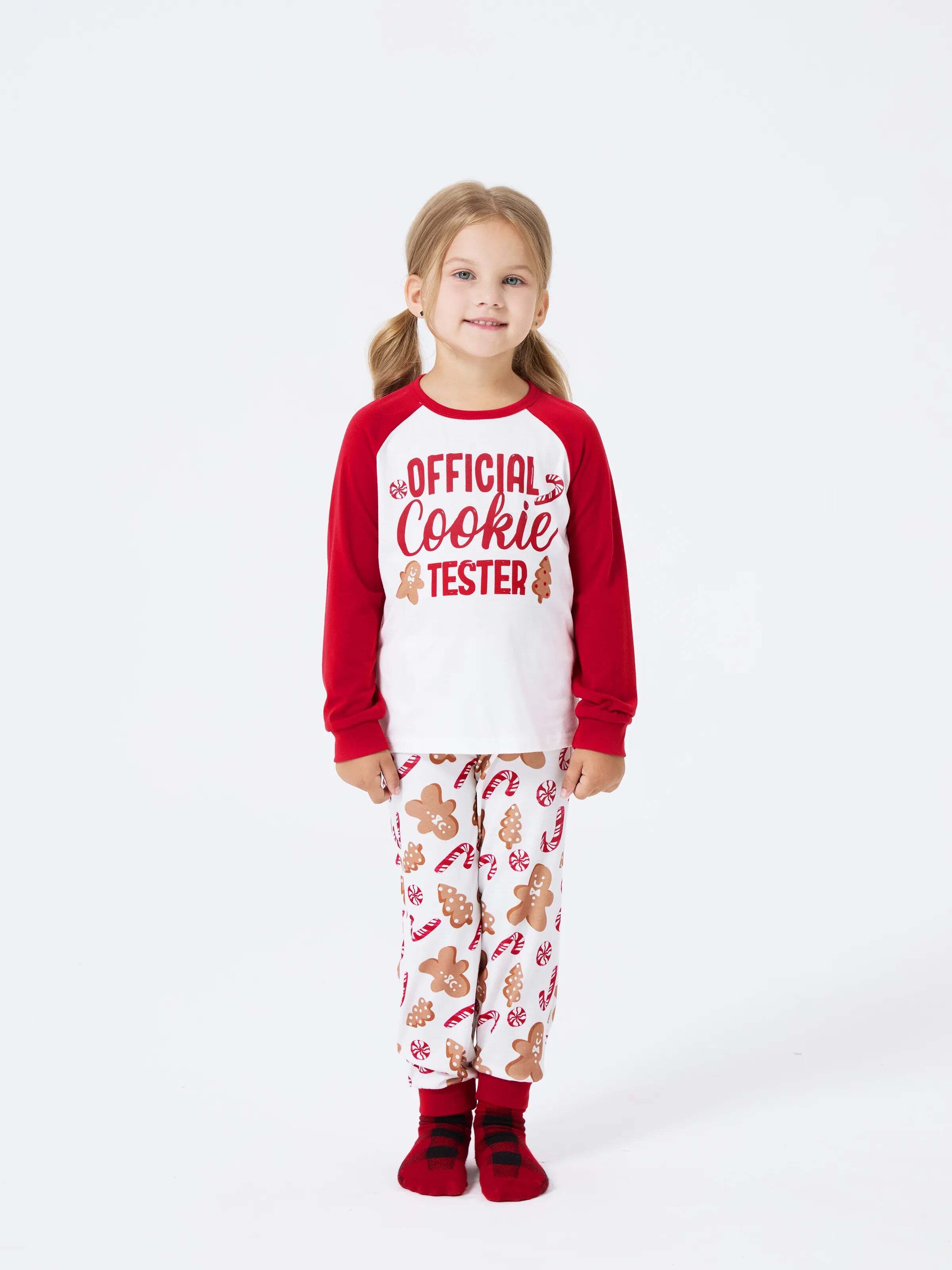 Christmas Matching Family Pajamas Set Gingerbread and Candy Cane Print PJS with Christmas Socks Red