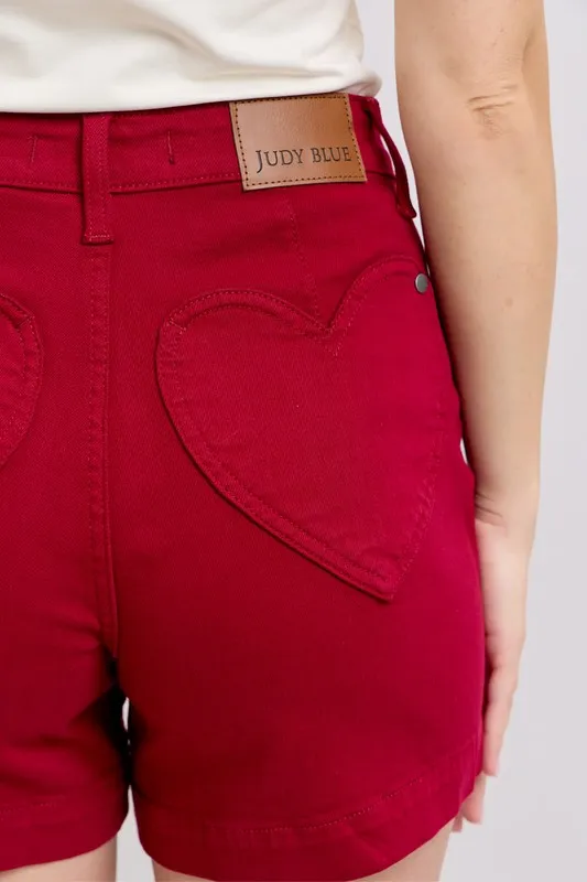 Blue High Waist Tummy Control Garment Dyed Heart Shaped Denim Shorts