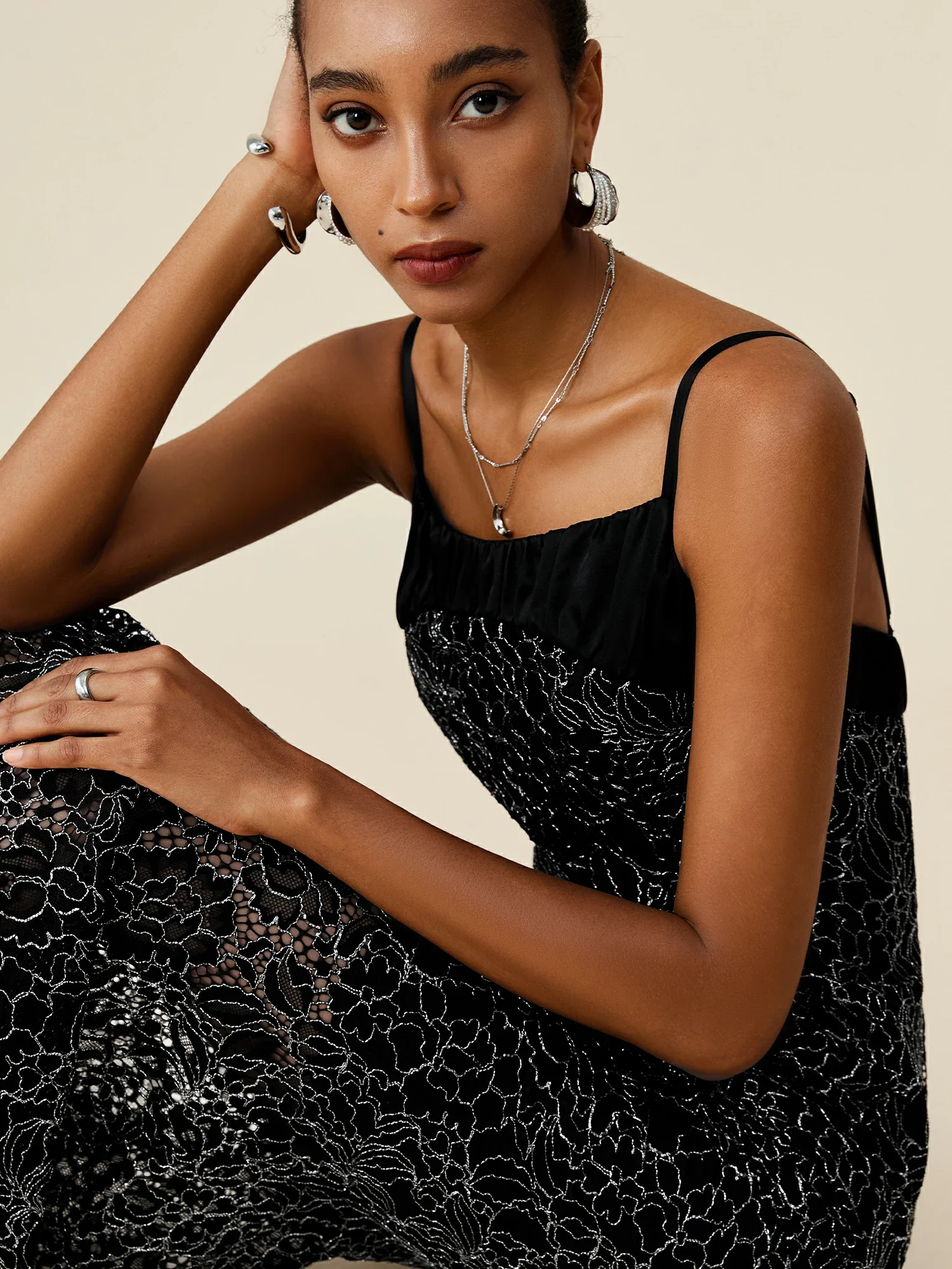 Silver Metallic Lace Cami Fishtail Dress