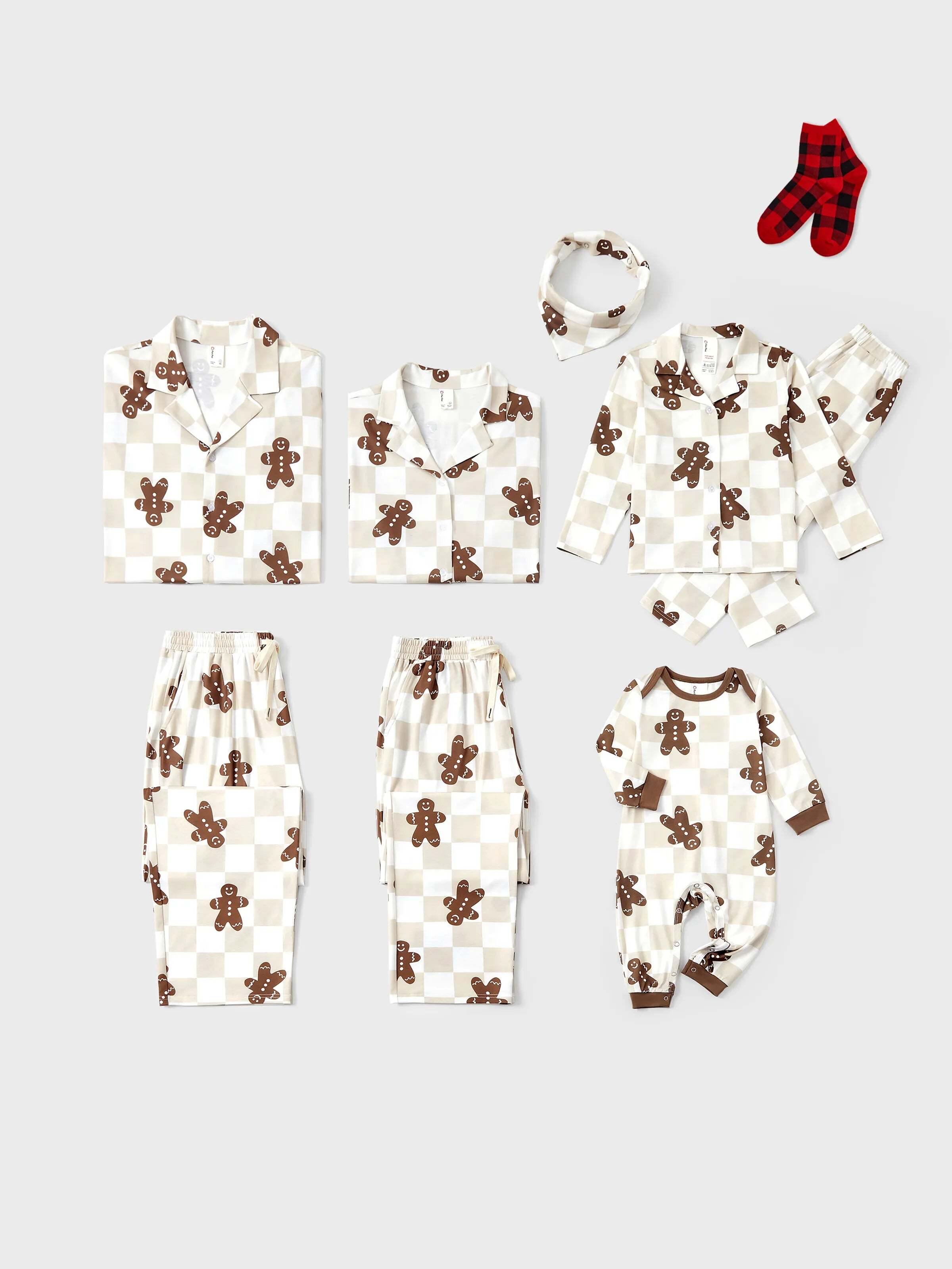 Christmas Matching Family Pajamas Set Block checkered Gingerbread Print PJS with Christmas Socks Khaki