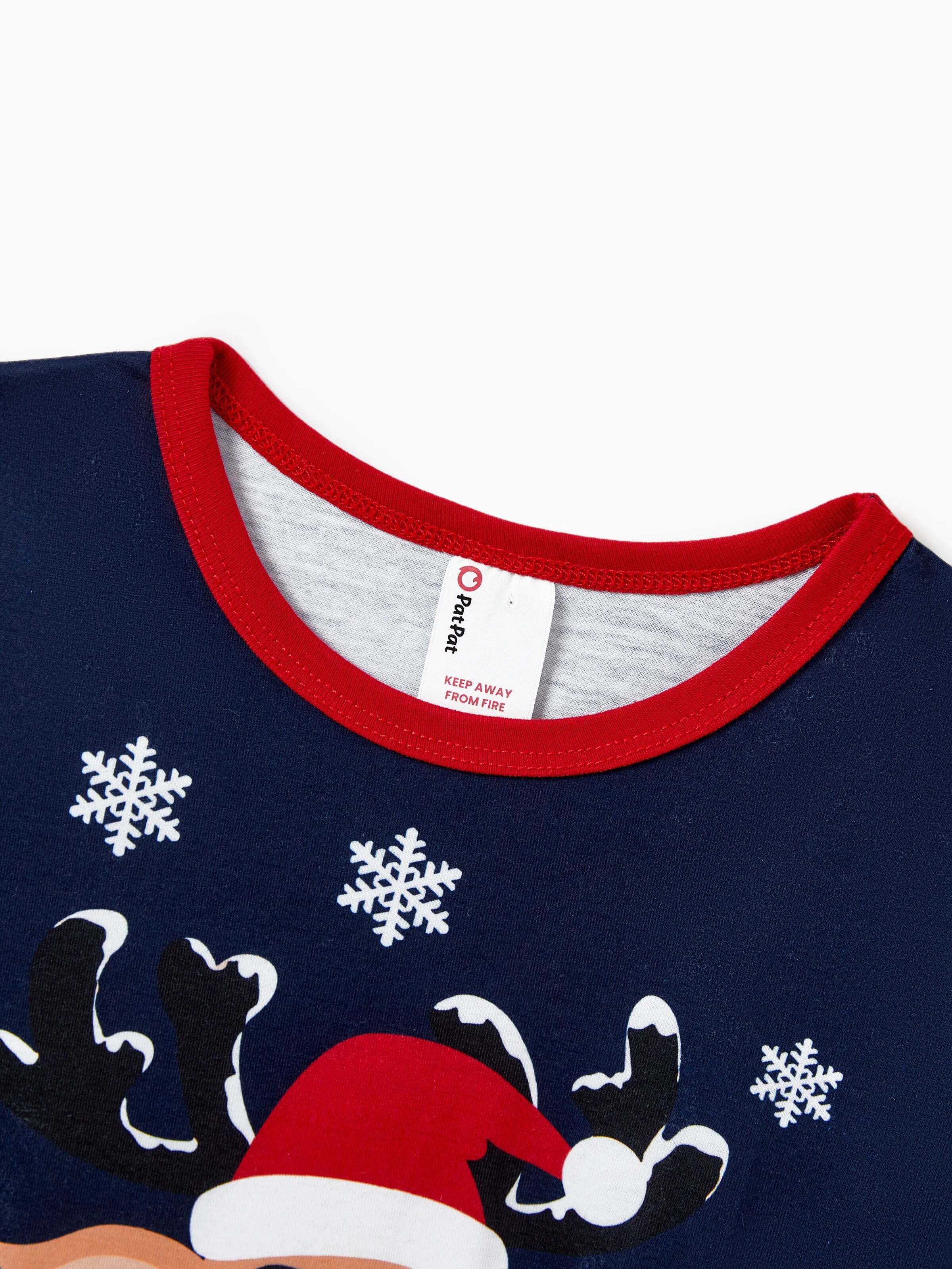 Christmas Matching Family Pajamas Set Reindeer and Snowflake Print PJS Deep Blue