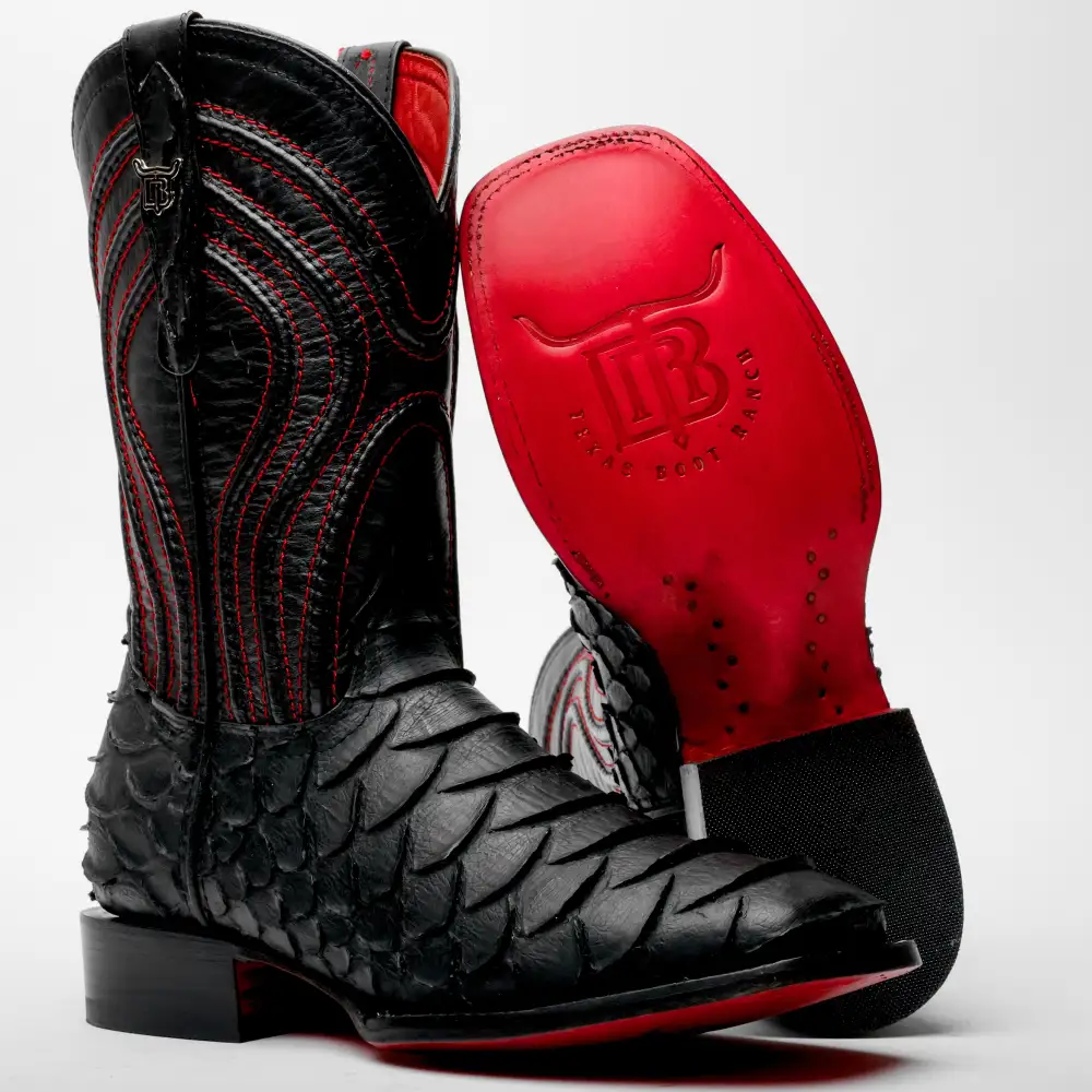 Matte Black Jumbo Python Leather Boots - Square Toe