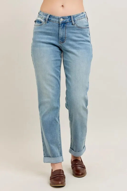 Blue Full Size V-Front Cuff Boyfriend Jeans Plus Size