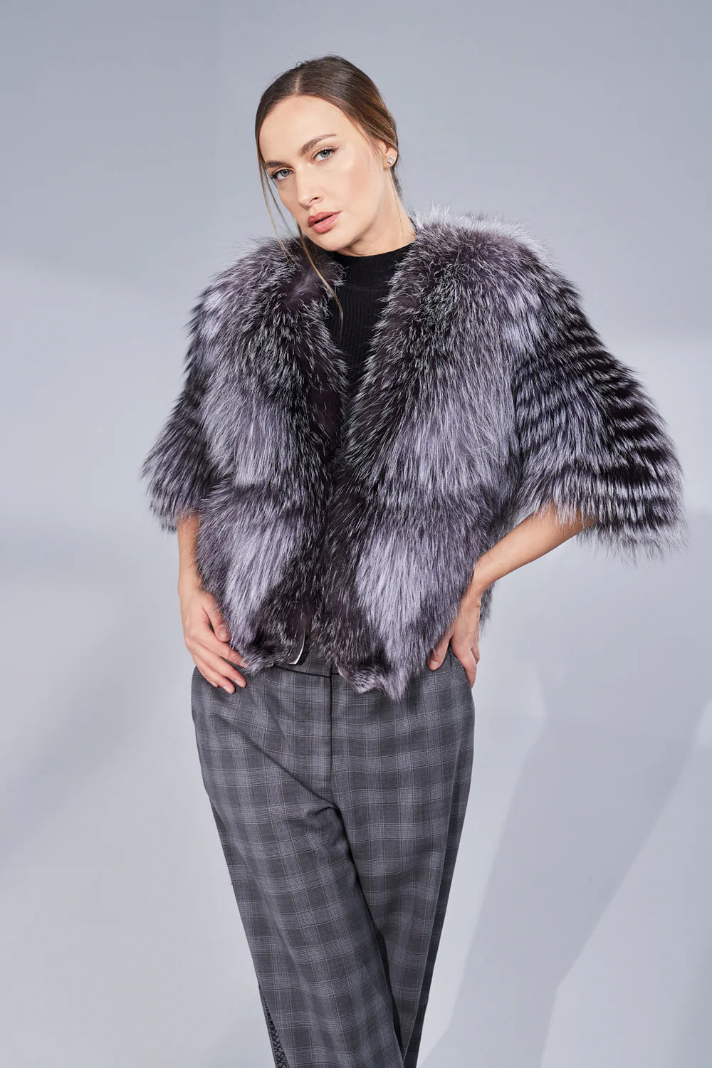 Haină din Blană Naturală de Vulpe, Femei, Silver 267