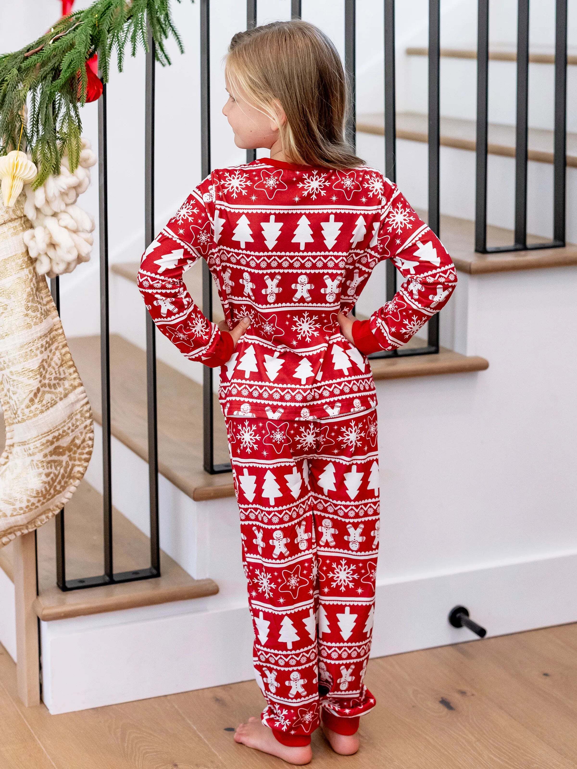 Christmas Matching Family Pajamas Set Gingerbread and Christmas Tree Print Red PJS with Christmas Socks Red