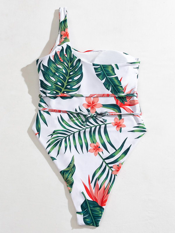 One-Shoulder Monstera Ceriman Bandage One-Piece Swimwear