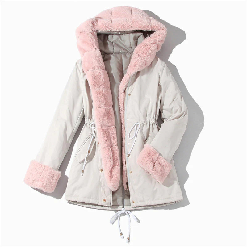 Women's parka with detachable puffed fur collar