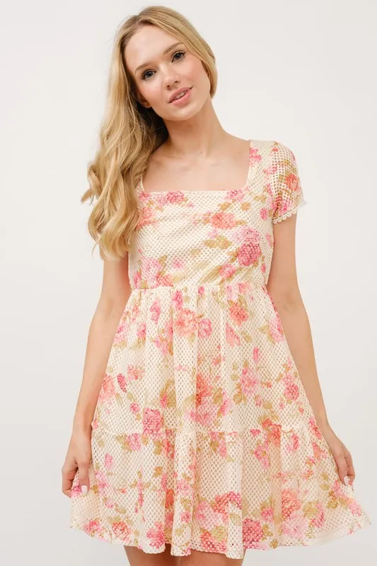 Square Neck Tiered Floral Fishnet Dress