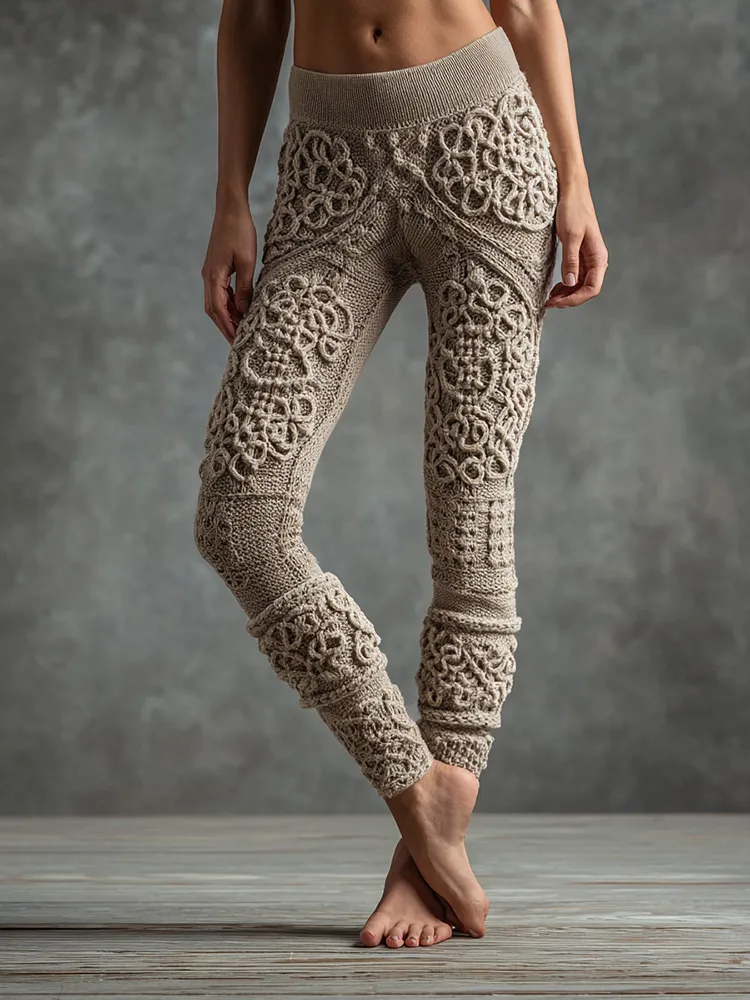 Vintage Viking Celtic Knot Art Knit Jacquard Cozy Leggings