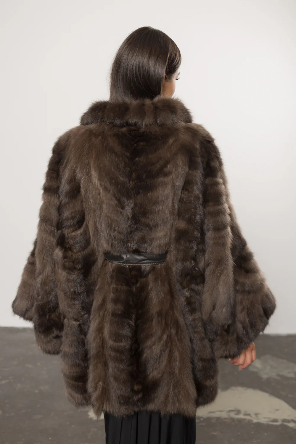 Haină din Blană Naturală de Zibelina, cu Cordon din Piele, Femei, Dark Sable 434