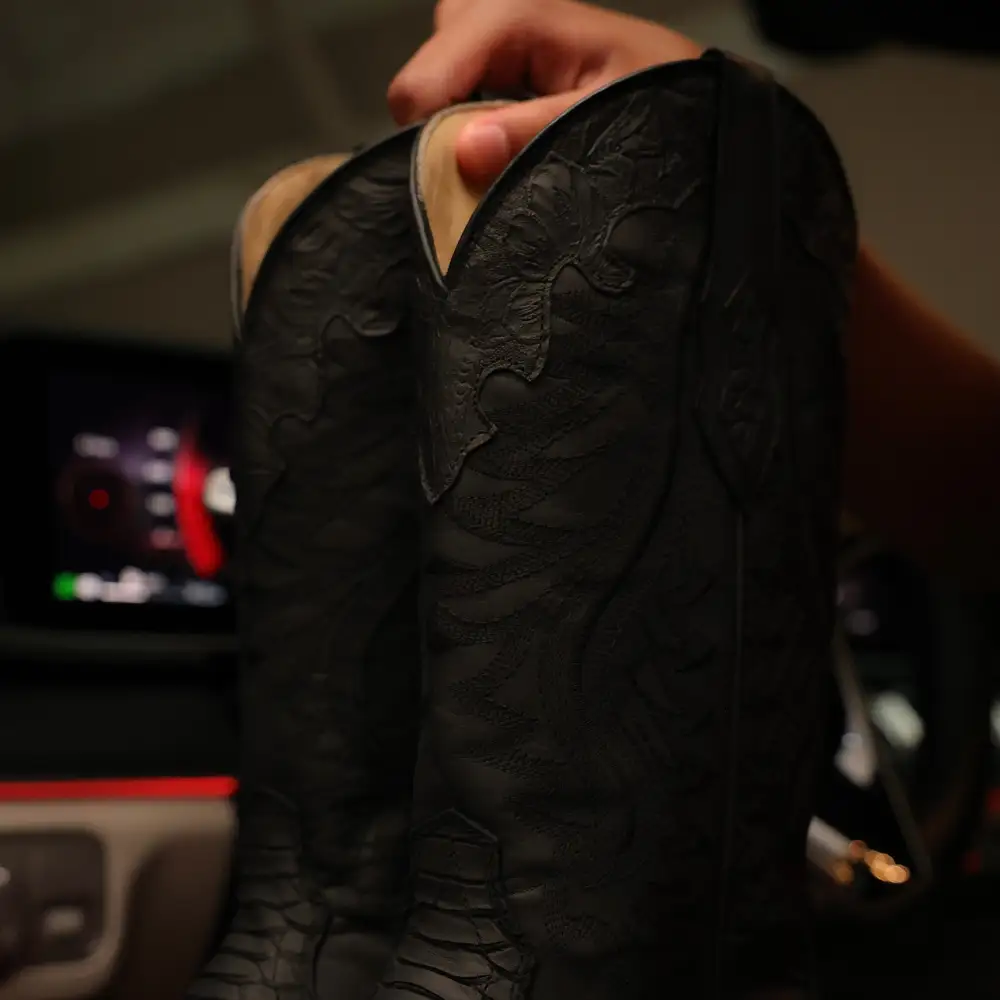 Matte Black Python Leather Boots - Square Toe