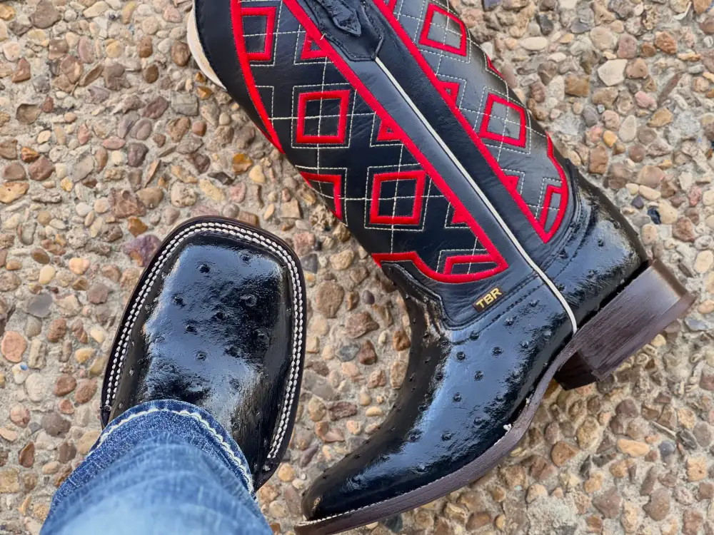 Men’s Black Ostrich Leather Boots With Black / Red Embroidery Shaft