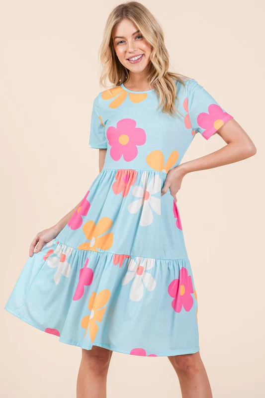 Floral Round Neck Short Sleeve Tiered Dress
