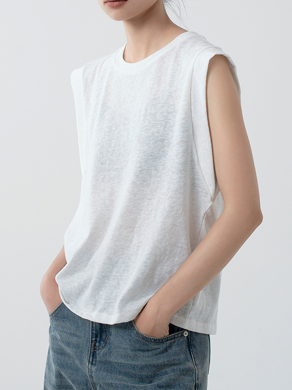 See-Through Solid Color Loose Sleeveless Round-Neck Vest Top