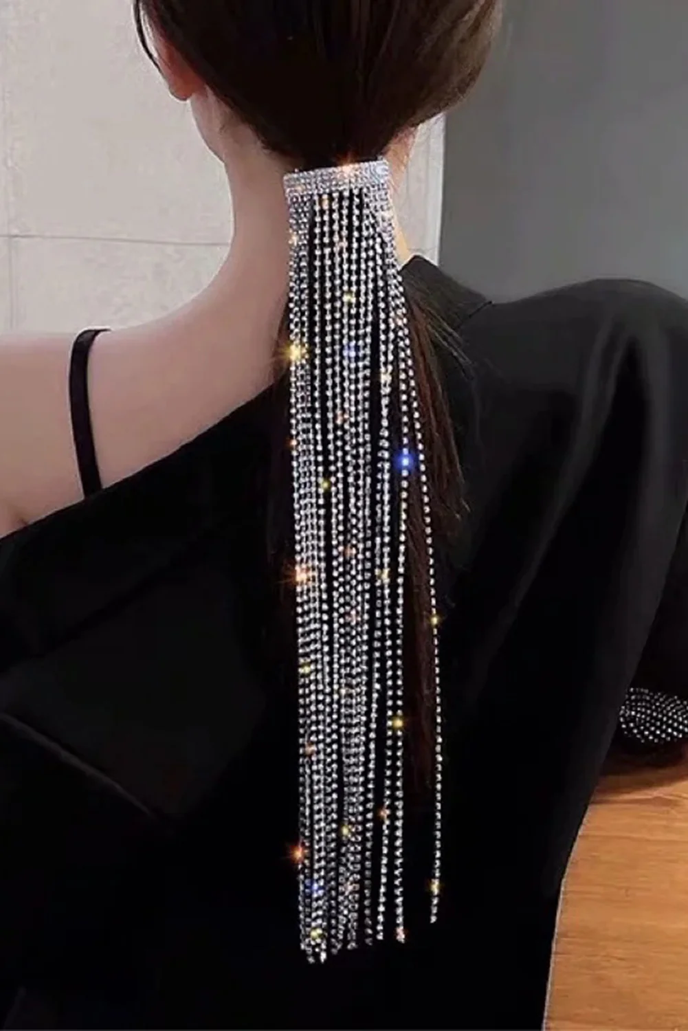 Silvery Rhinestone Long Fringe Pony Hair Clip