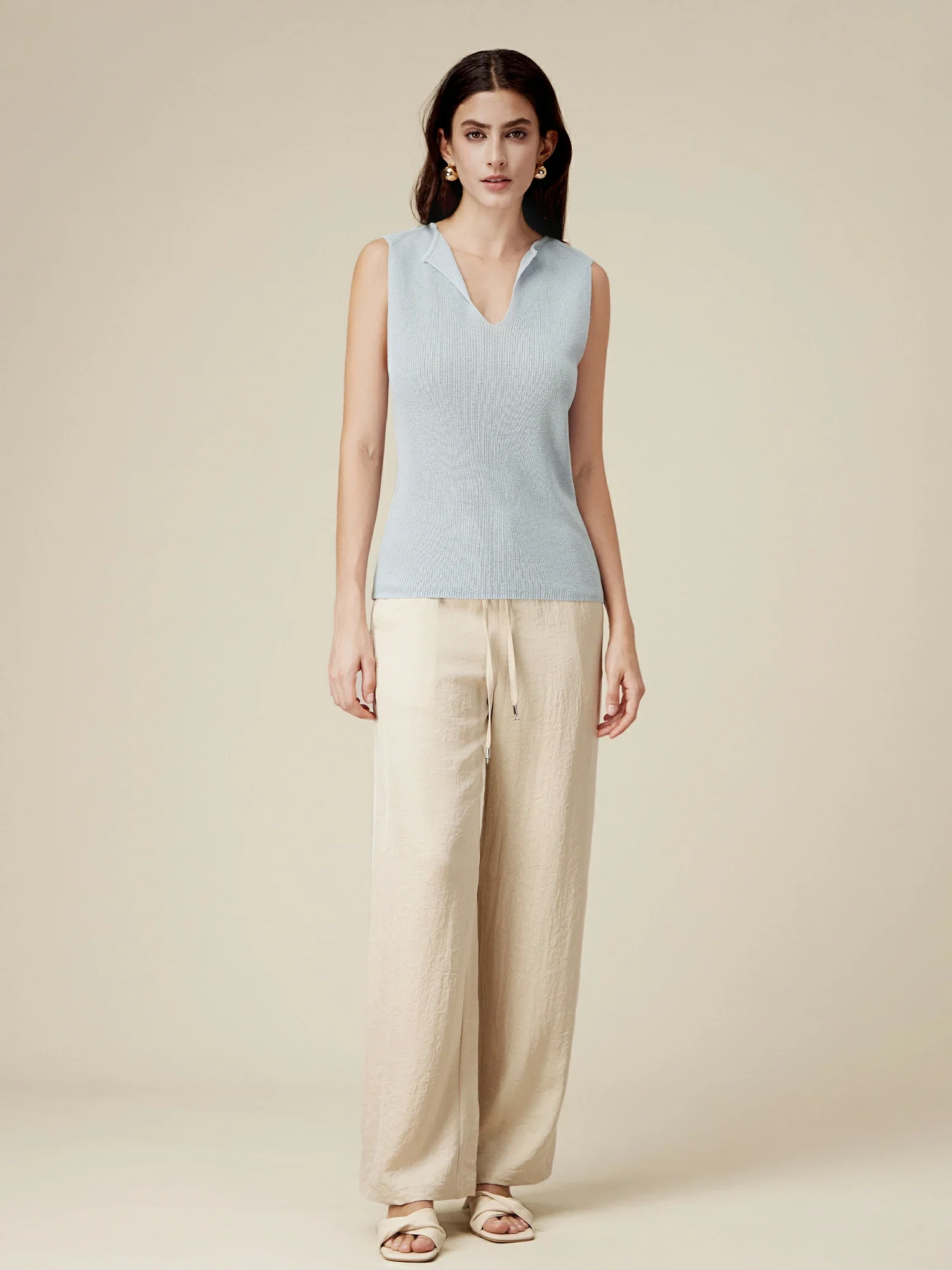 Linen & Lyocell Sleeveless Lapel Casual Tank