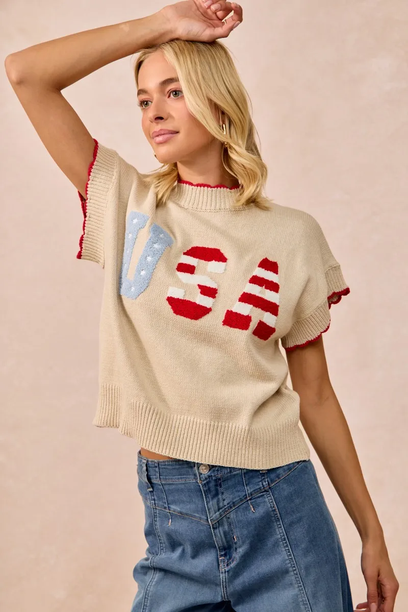 USA Patchwork Sweater Vest Top With Contrast Detail