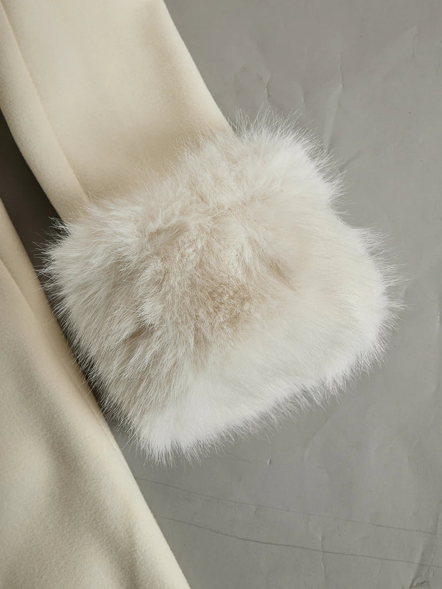 Ivory Flared Coat With Faux Fur Collar And Cuffs