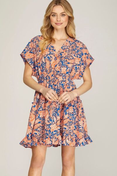 Sky Full Size Ruffled Hem Printed Surplice Kimono Sleeve Mini Dress Plus Size