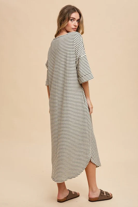 Wear Striped Round Neck Terry Midi Dress