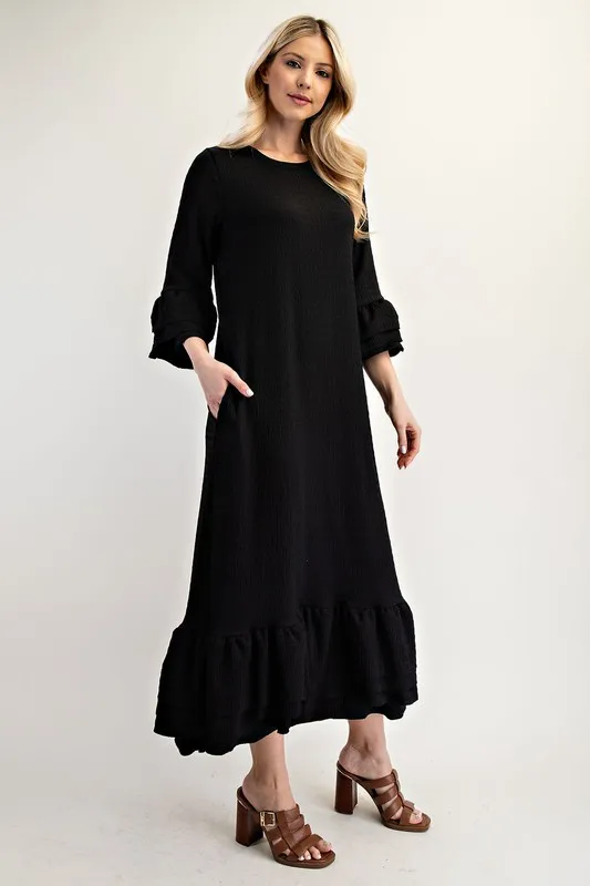 Celeste Full Size Textured Ruffle Hem Modest Dress Plus Size
