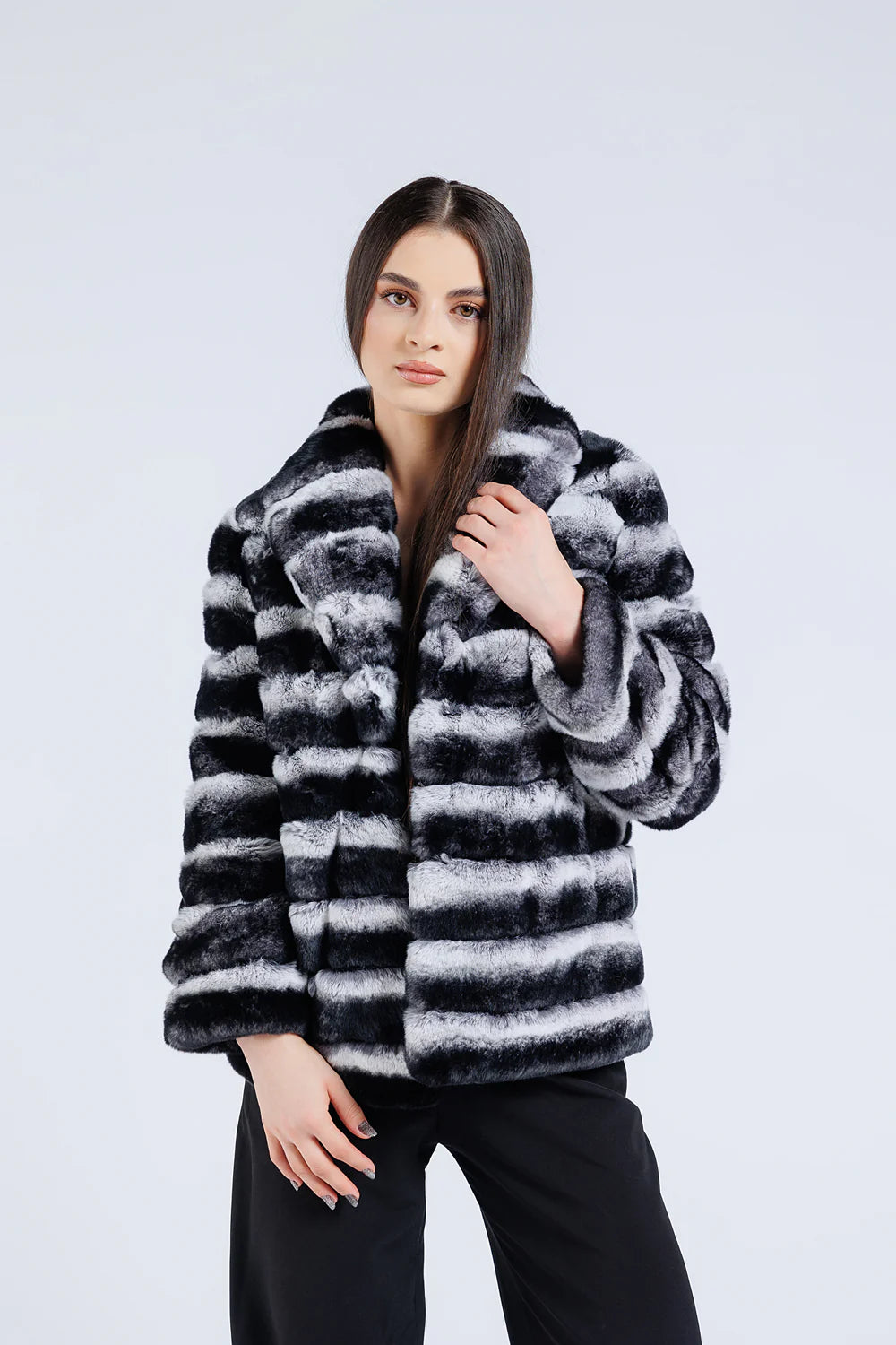 Haină din Blană Naturală de Rex Chinchilla, Guler Rever, Femei, Silver Grey 177