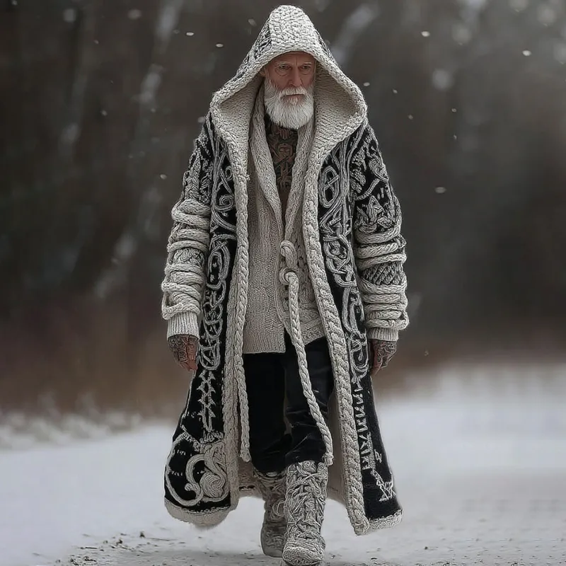 Men's Vintage Viking Celtic Knot Art Color Block Cozy Long Cardigan Sweater