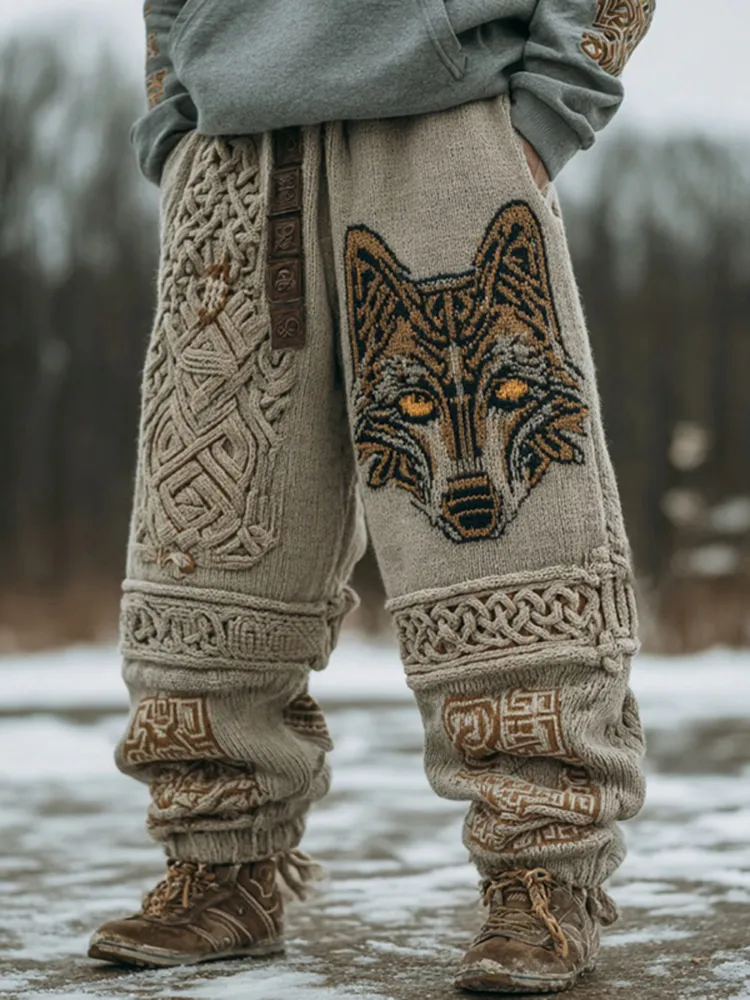 Men's Vintage Viking Wolf Art Cozy Knit Sweatpants