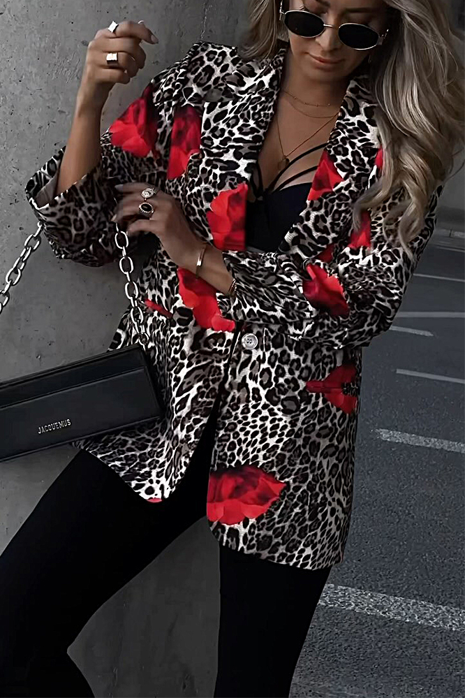 Leopard print rose patterned suit jacket
