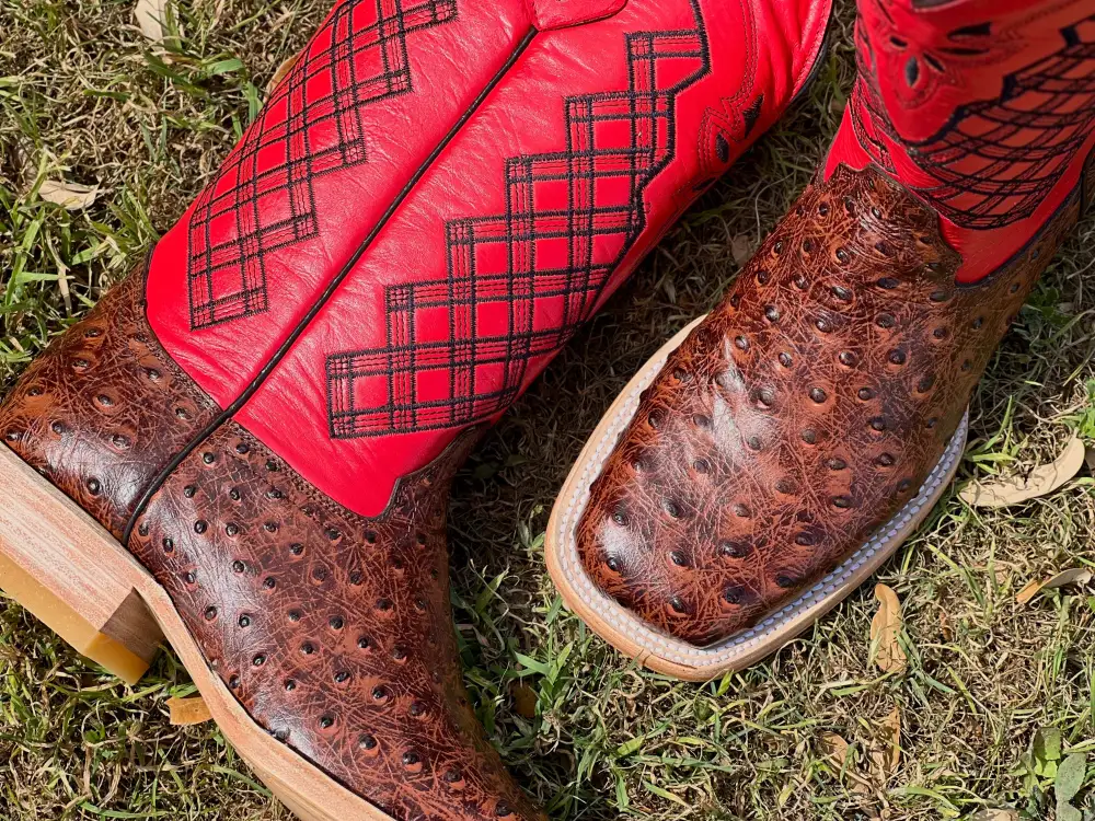 Men’s Cognac Ostrich Leather Boots With Red Shaft