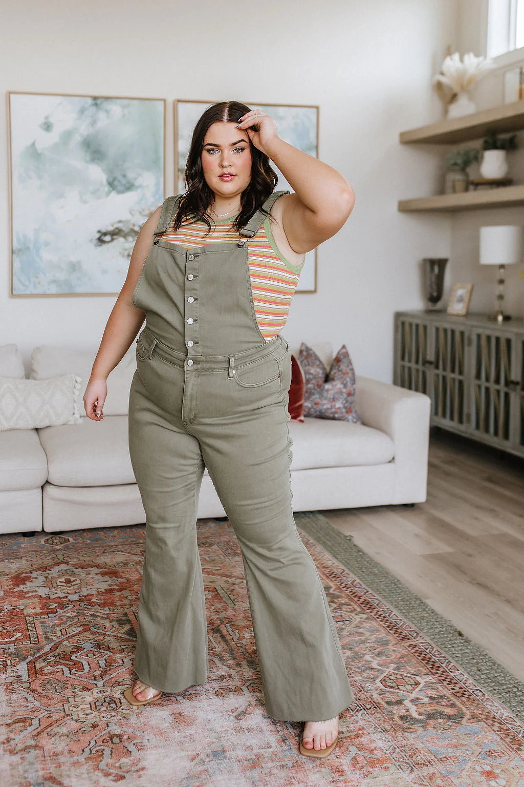 Blue Olivia Control Top Release Hem Overalls in Olive