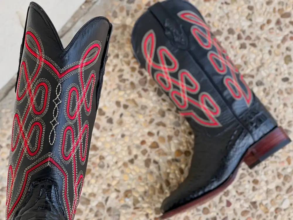 Men’s Black Crocodile Leather Boots With Black Shaft With Red Embroidery