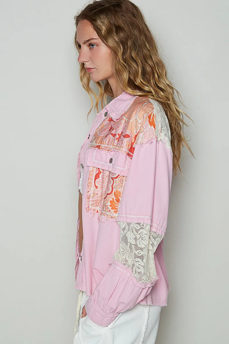 Printed Woven Mix Raw Hem Jacket with Lace Detail
