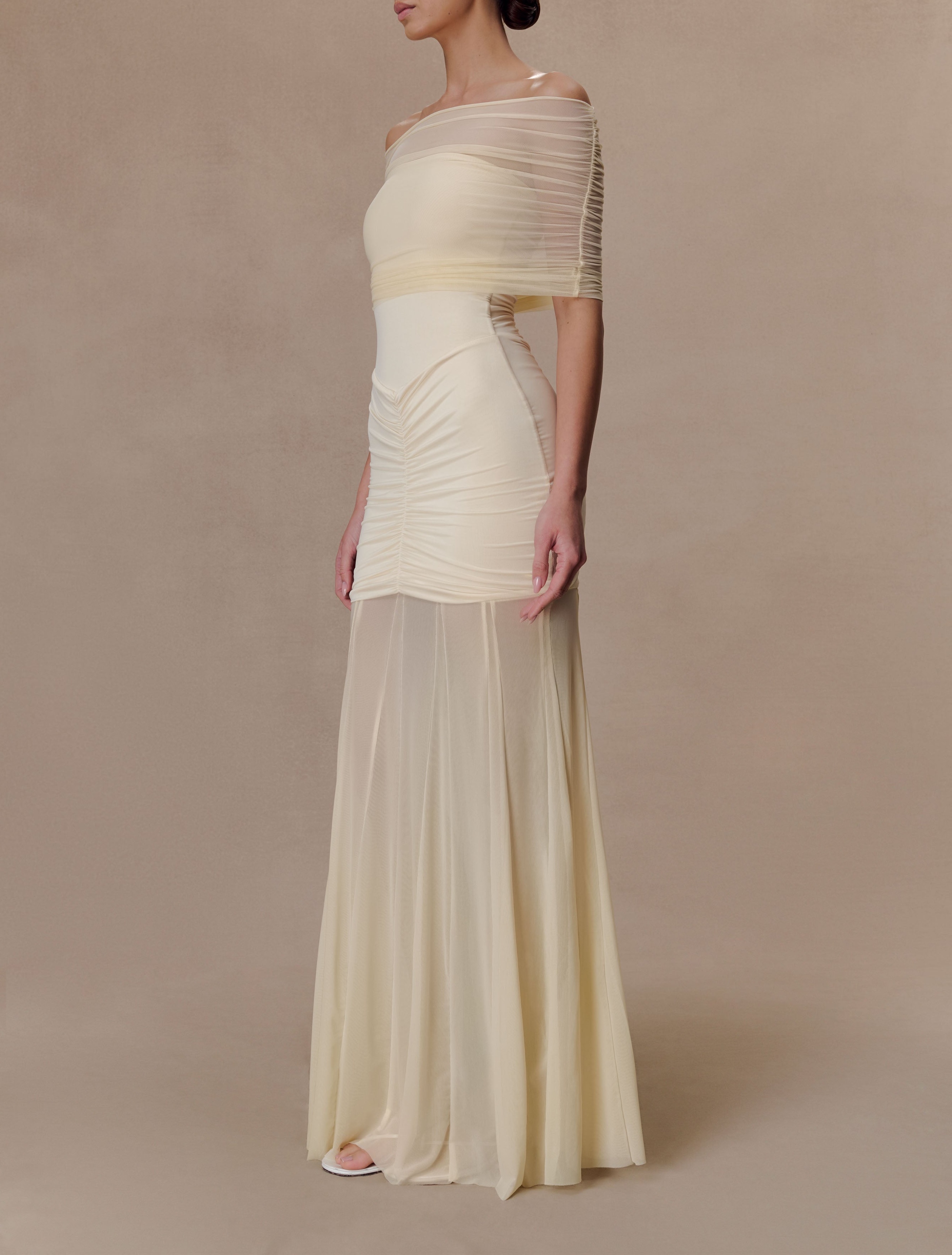 Ivory Slinky And Mesh Off Shoulder Maxi Dress