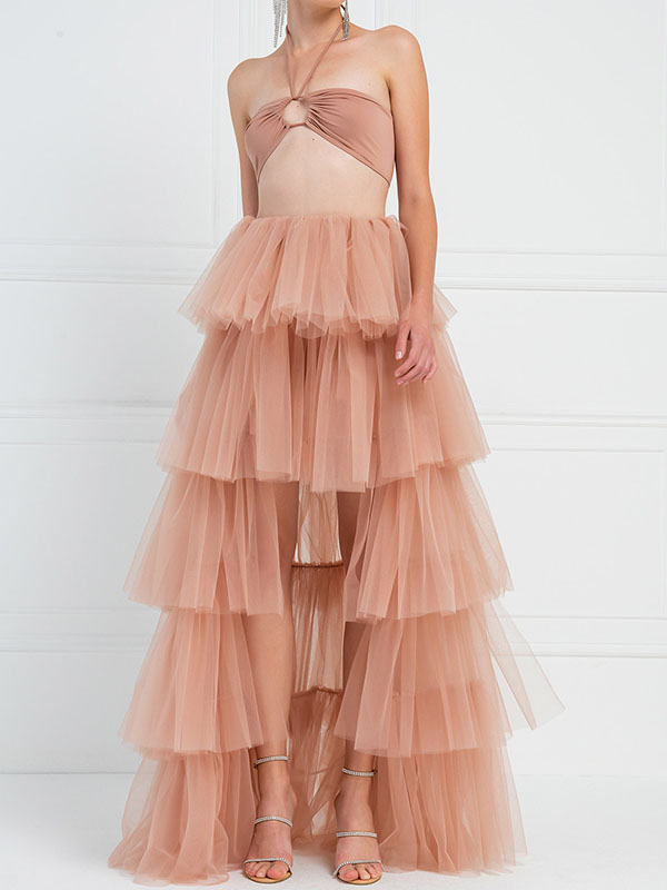 Solid Color Ruffled Pleated A-Line Asymmetric Skirt Bottoms