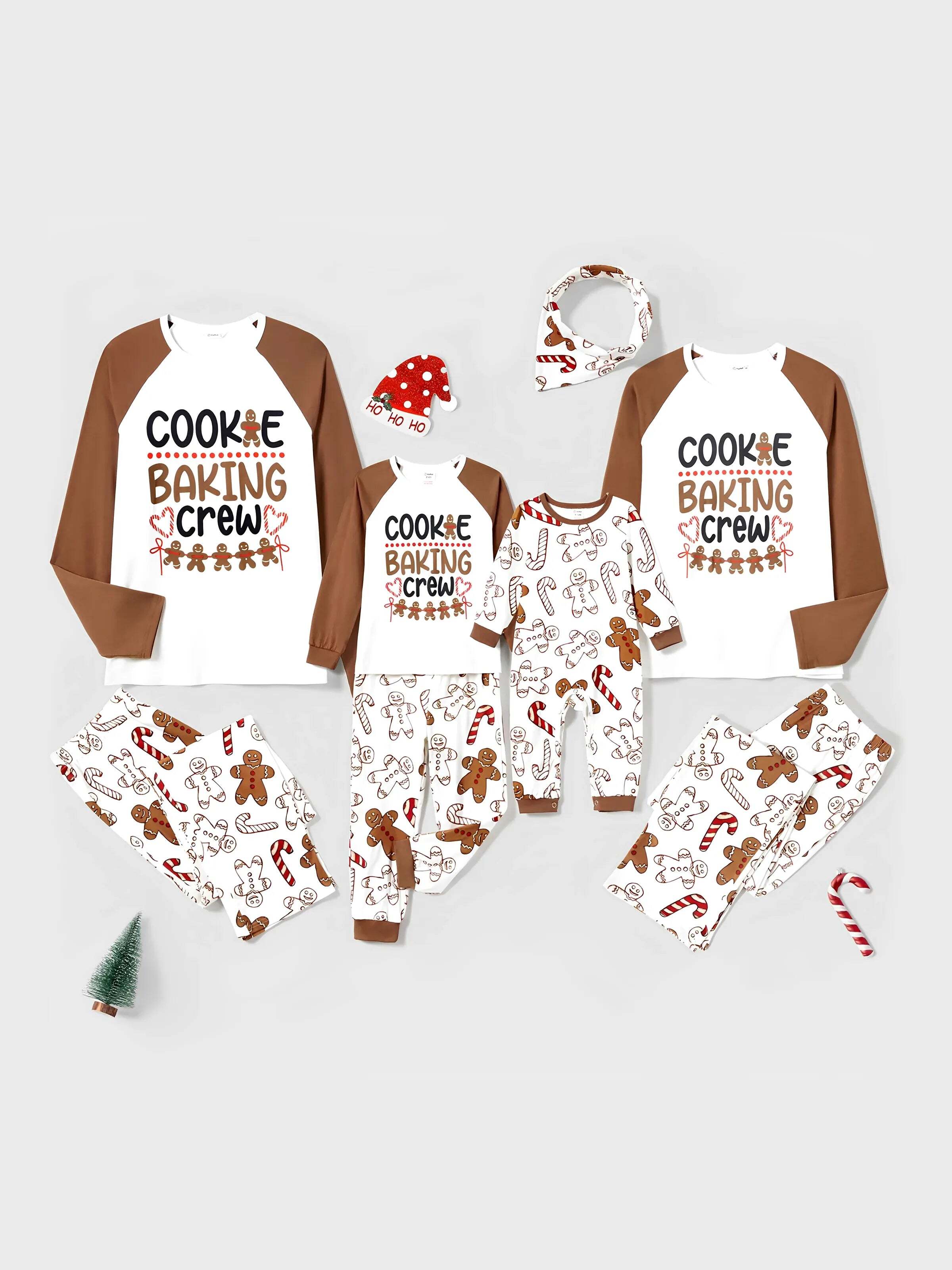 Christmas Family Matching Letter and Gingerbread Man Print Long-sleeve Pajamas Sets with Christmas Socks Khaki
