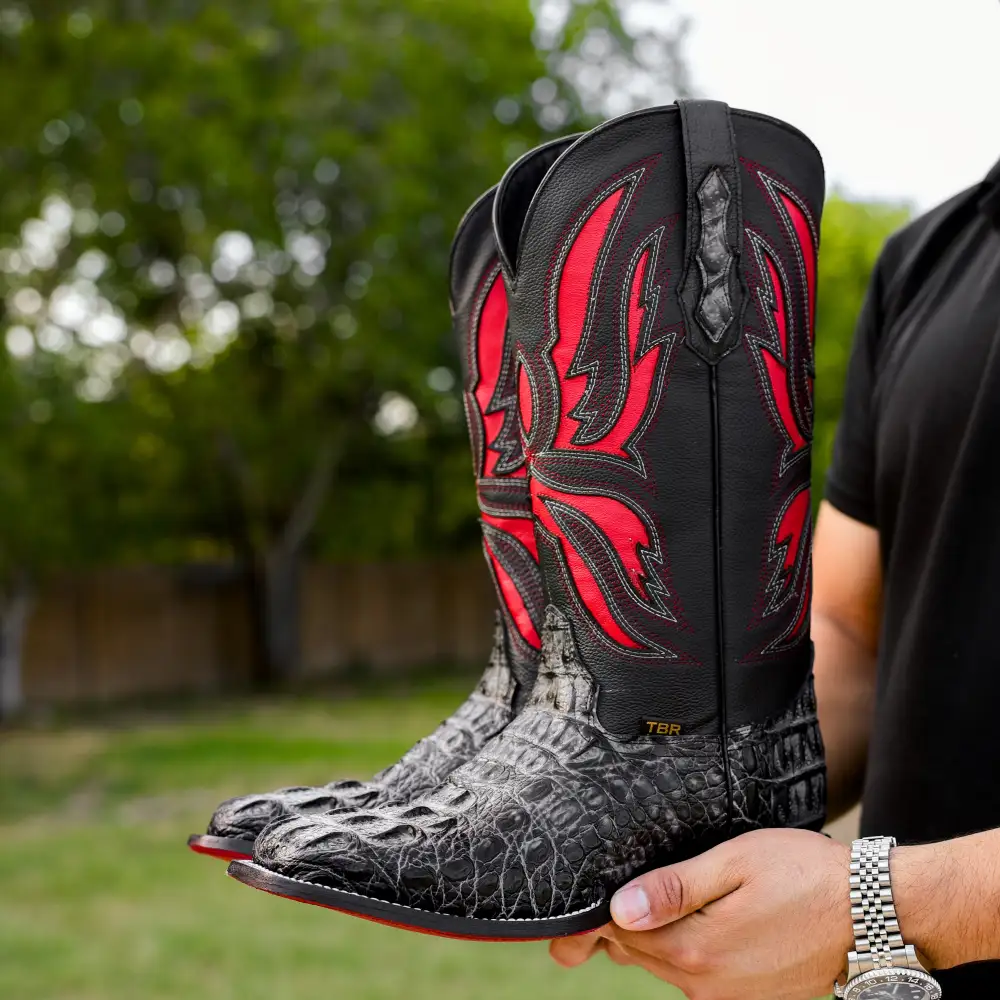 Midnight Grey Caiman Neck Leather Boots - Square Toe