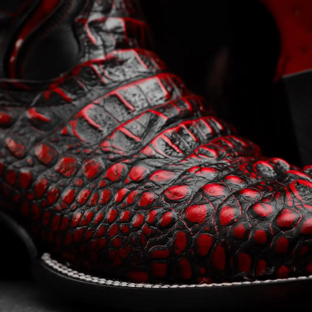 Black/Red Caiman Neck Leather Boots - Square Toe