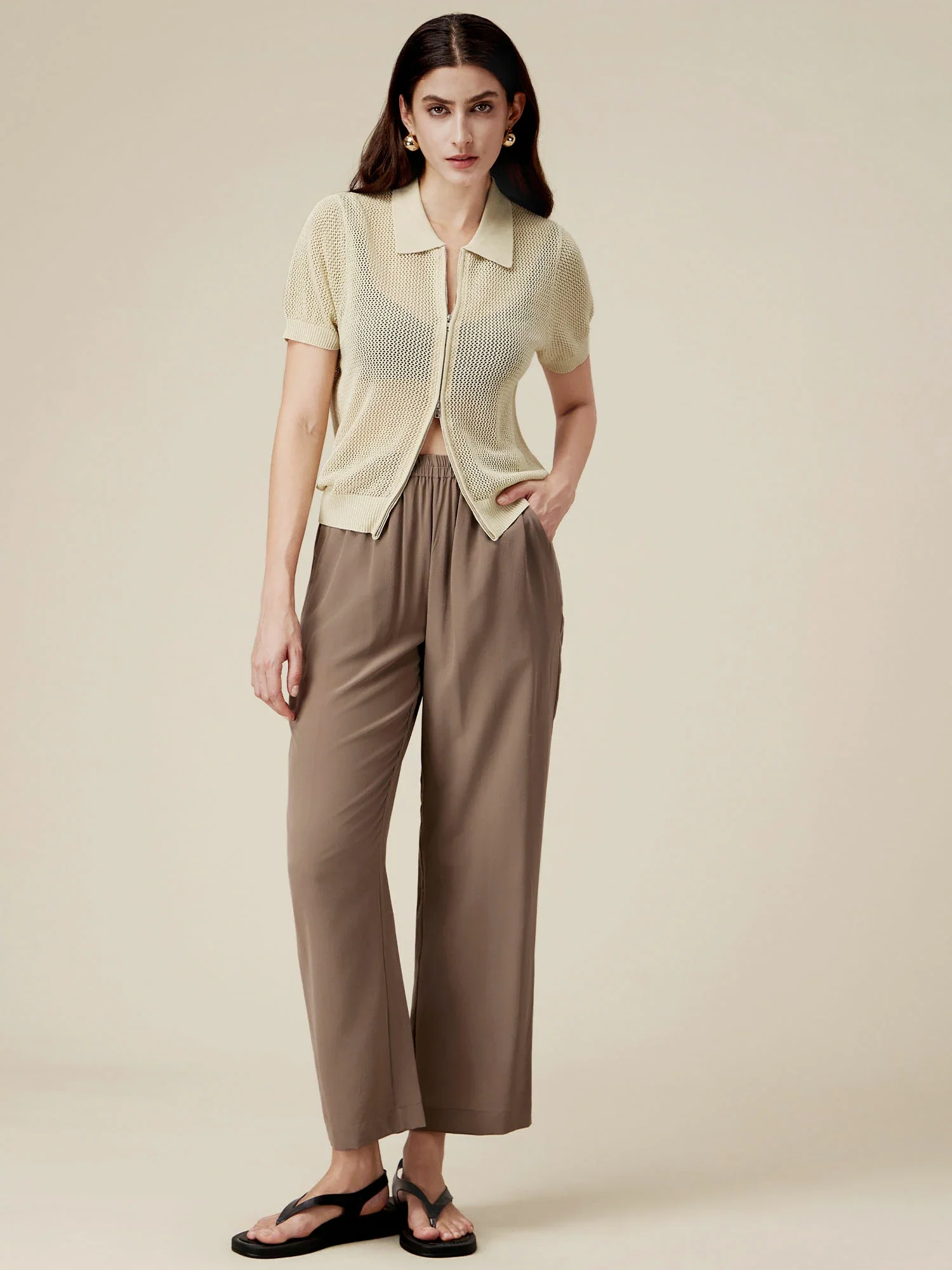 Linen & Lyocell V-Neck Short Sleeve Zipper Hollow Out Cardigan