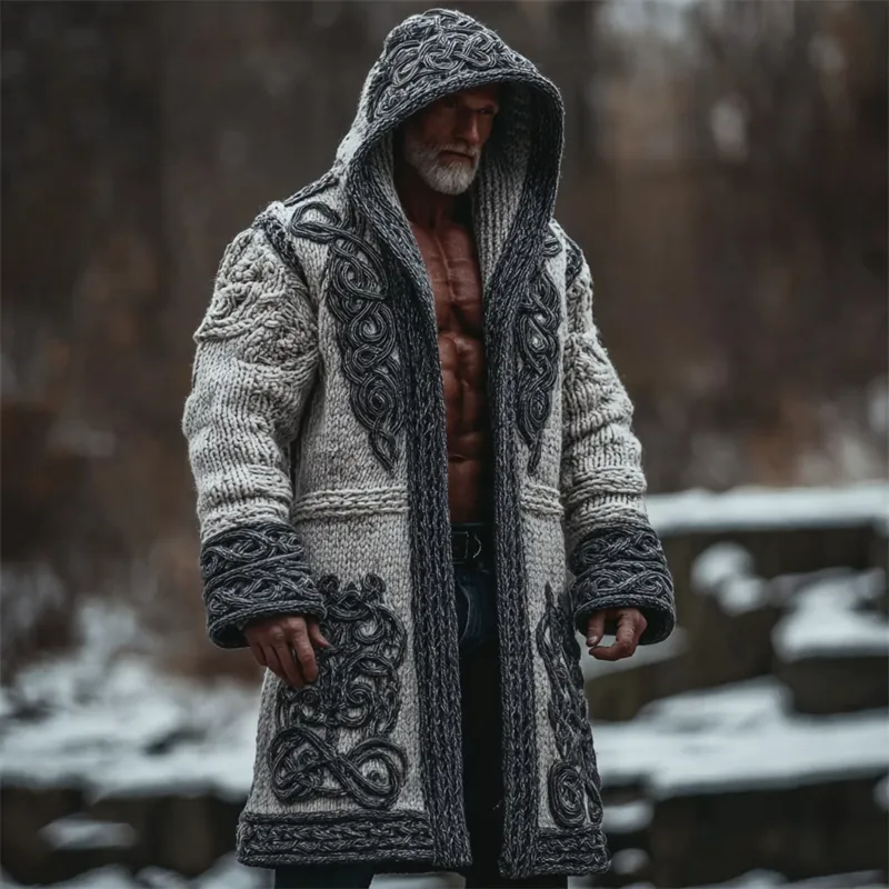 Men's Viking Celtic Knot Chunky Cozy Hooded Long Cardigan