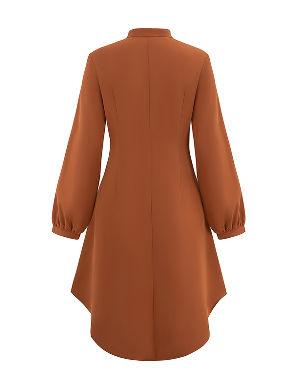 Buttoned No Belt Pleated Solid Color Long Sleeves Loose V-neck Shirt Dress Midi Dresses