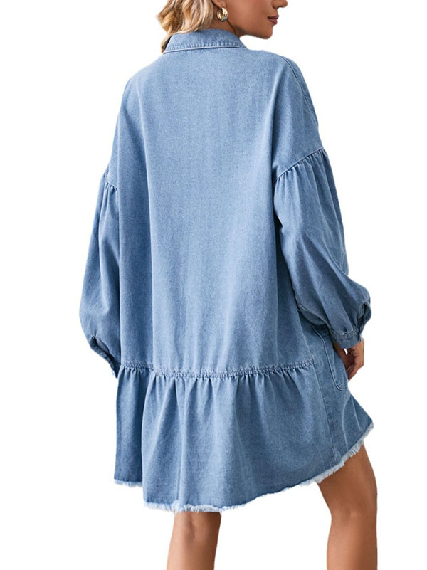 Buttoned Fringed Pleated Pockets Split-Joint Long Sleeves Loose Lapel Mini Dresses