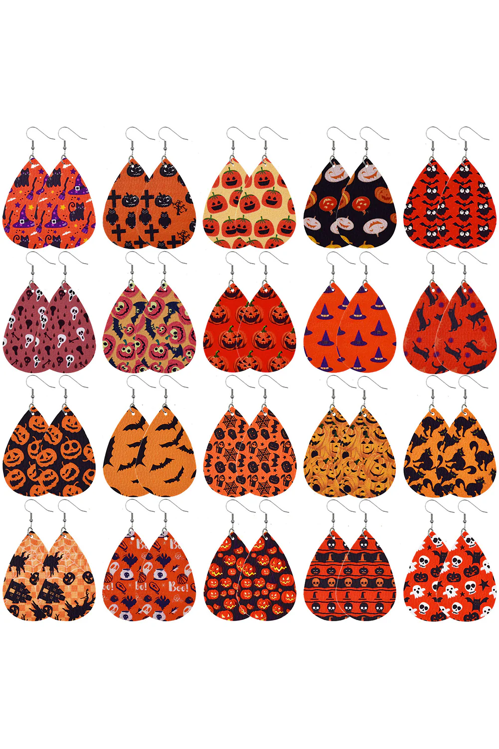 Orange Halloween Pumpkin Face Printed Waterdrop Shape Hook Earrings