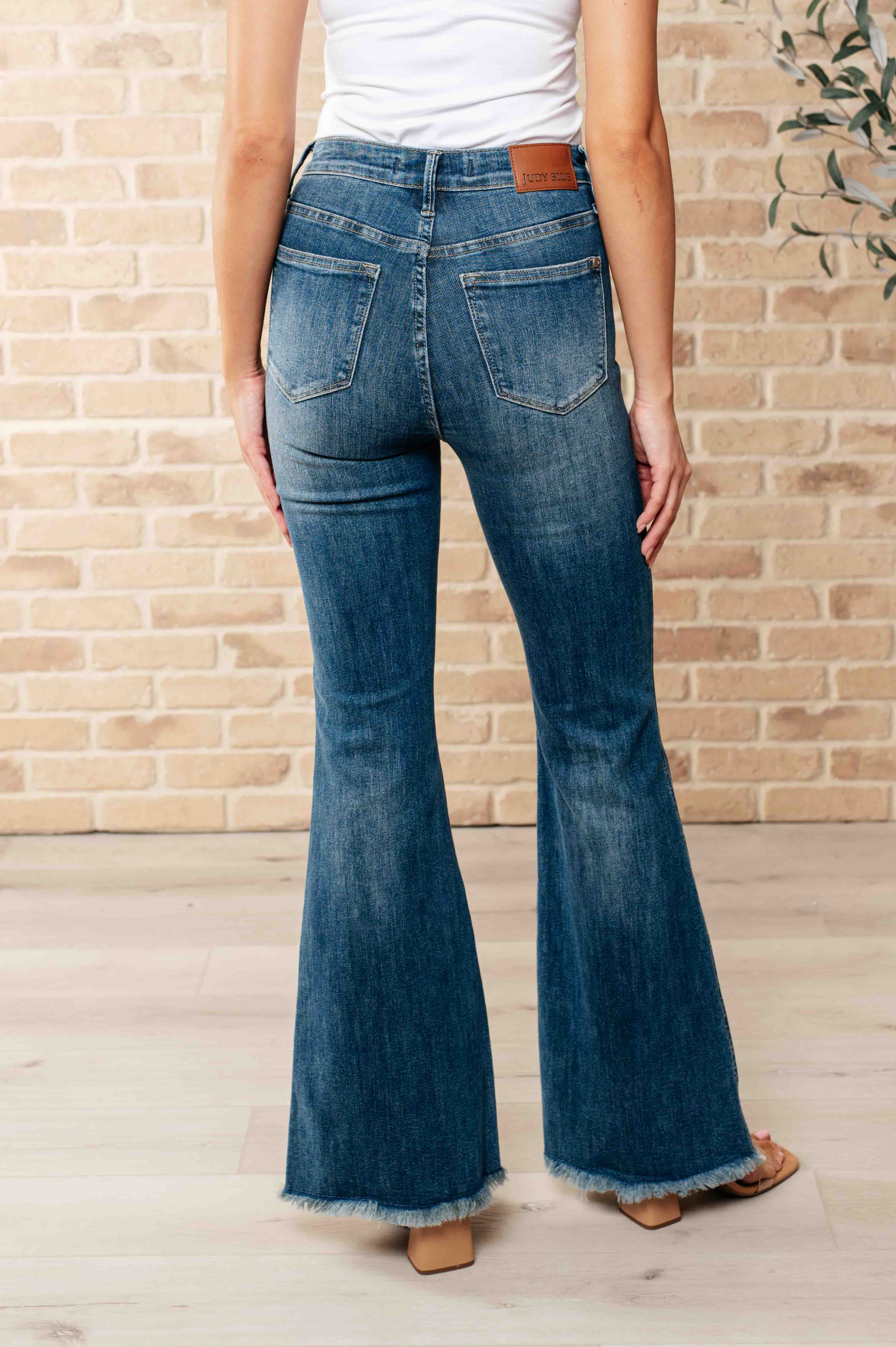 High Waist Control Top Frayed Hem Flare Jeans