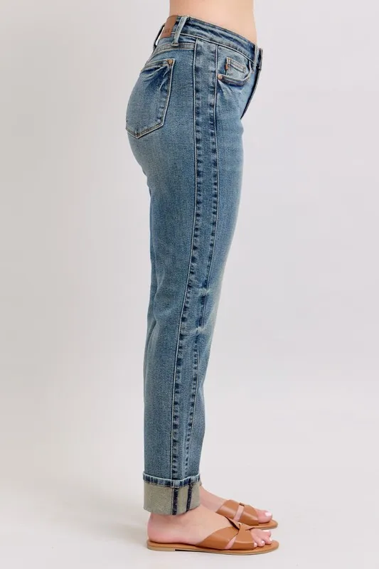 Blue Full Size Mid Rise Vintage Wash Double Roll Cuff Boyfriend Jeans Plus Size