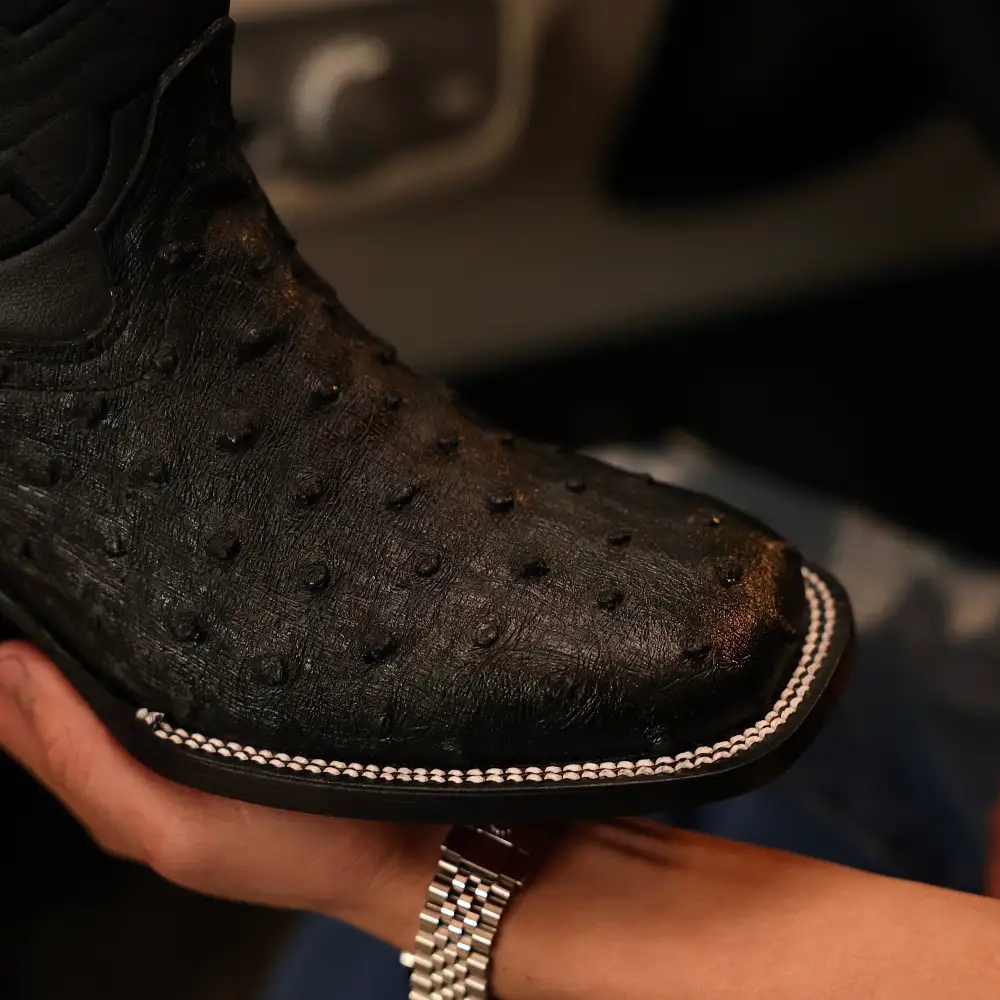 Black Ostrich Leather Boots - Square Toe