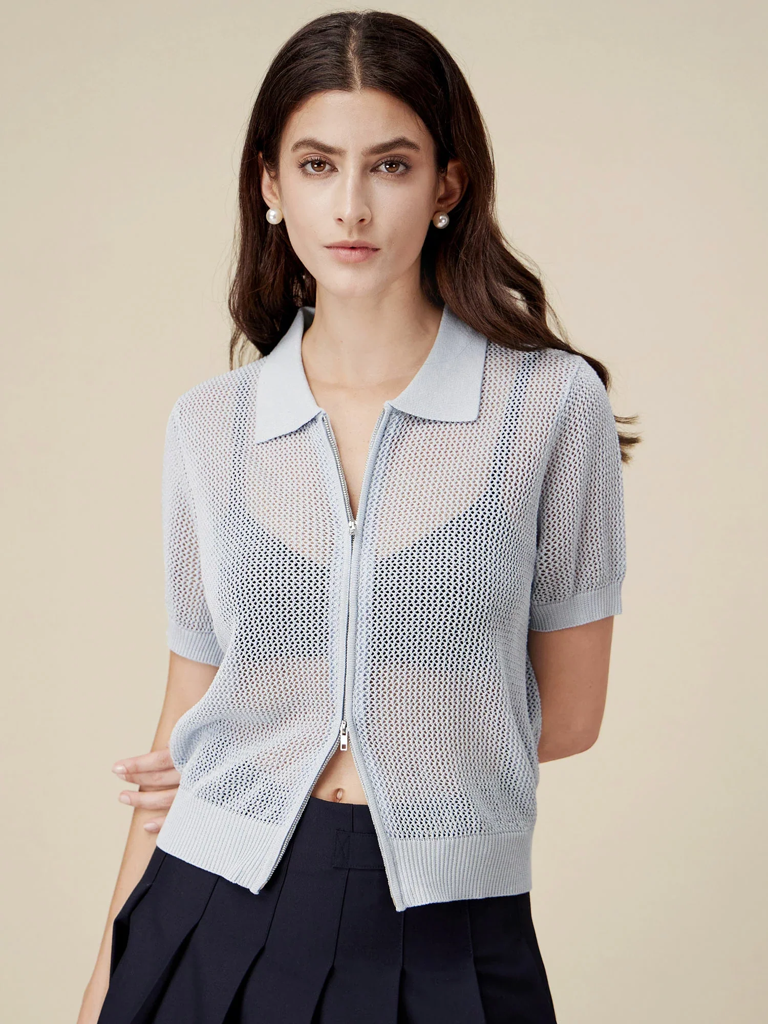 Linen & Lyocell V-Neck Short Sleeve Zipper Hollow Out Cardigan